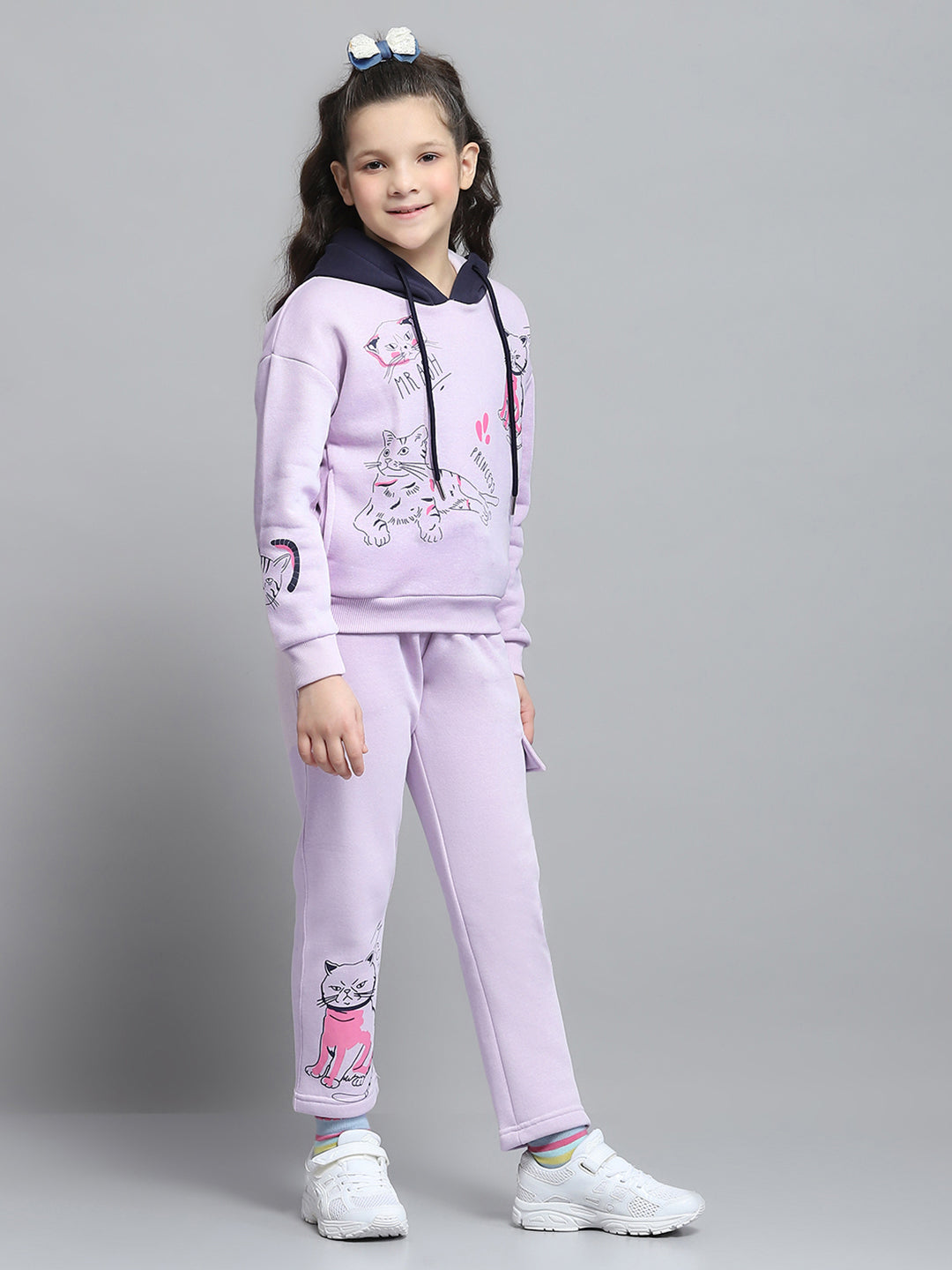 Girls Purple Printed Hooded Full Sleeve Tracksuit