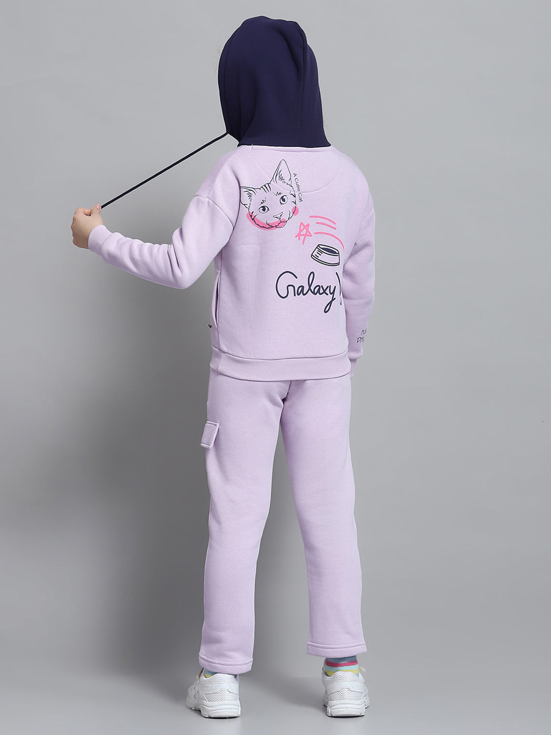 Girls Purple Printed Hooded Full Sleeve Tracksuit