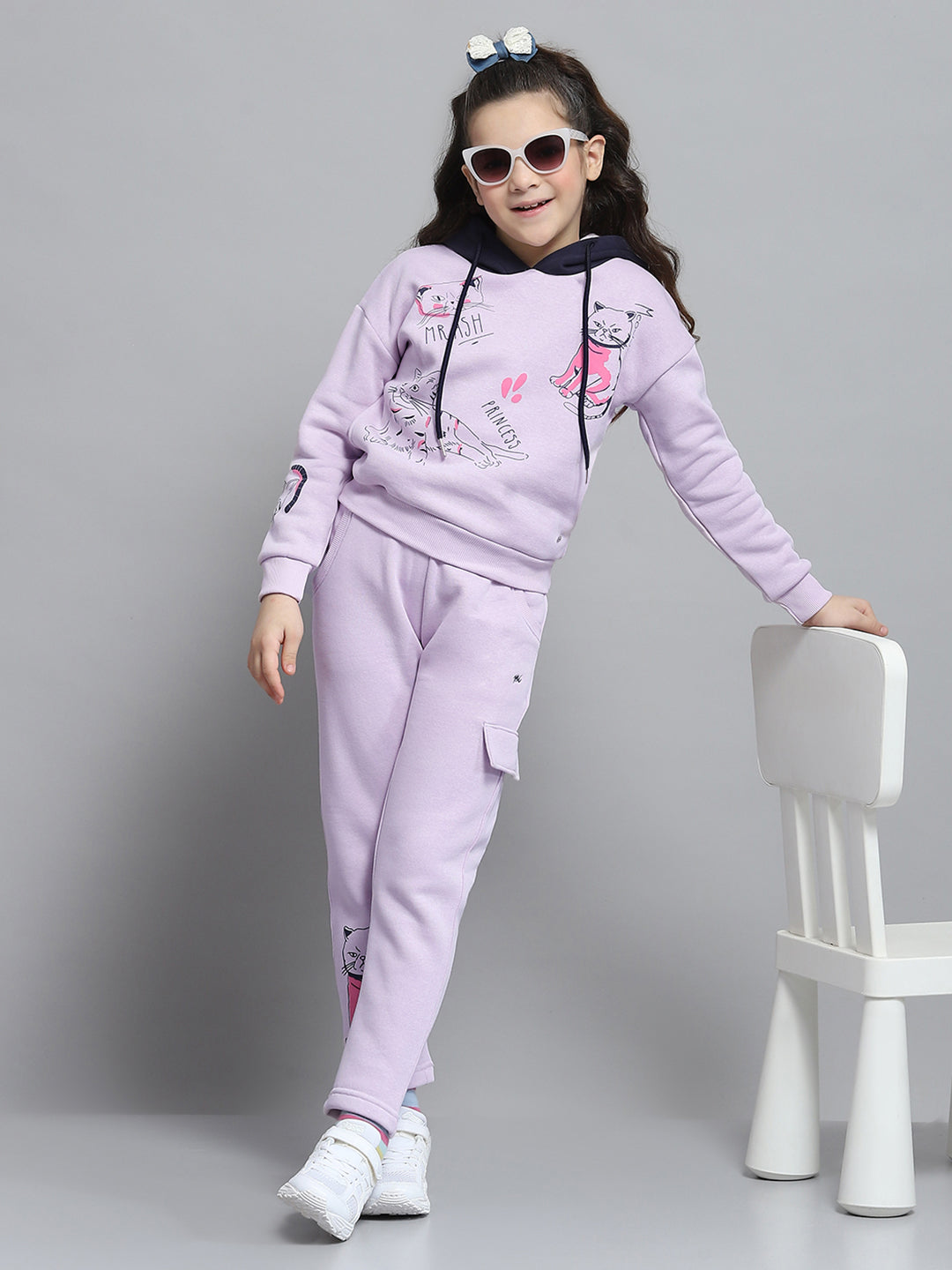 Girls Purple Printed Hooded Full Sleeve Tracksuit