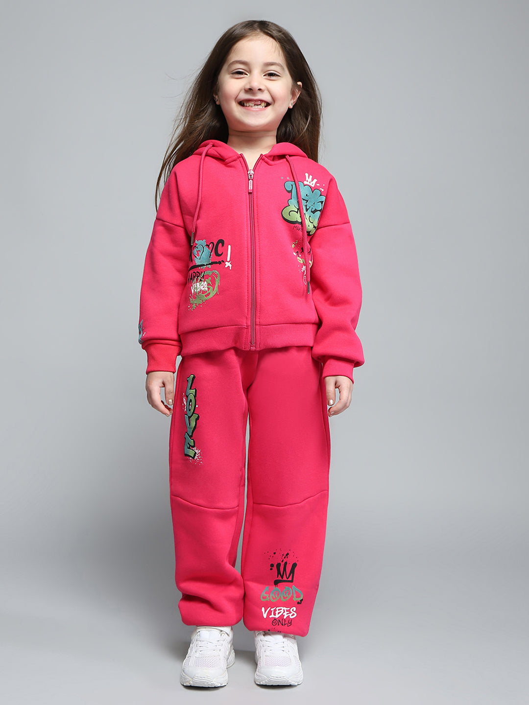 Girls Magenta Printed Hooded Full Sleeve Tracksuit
