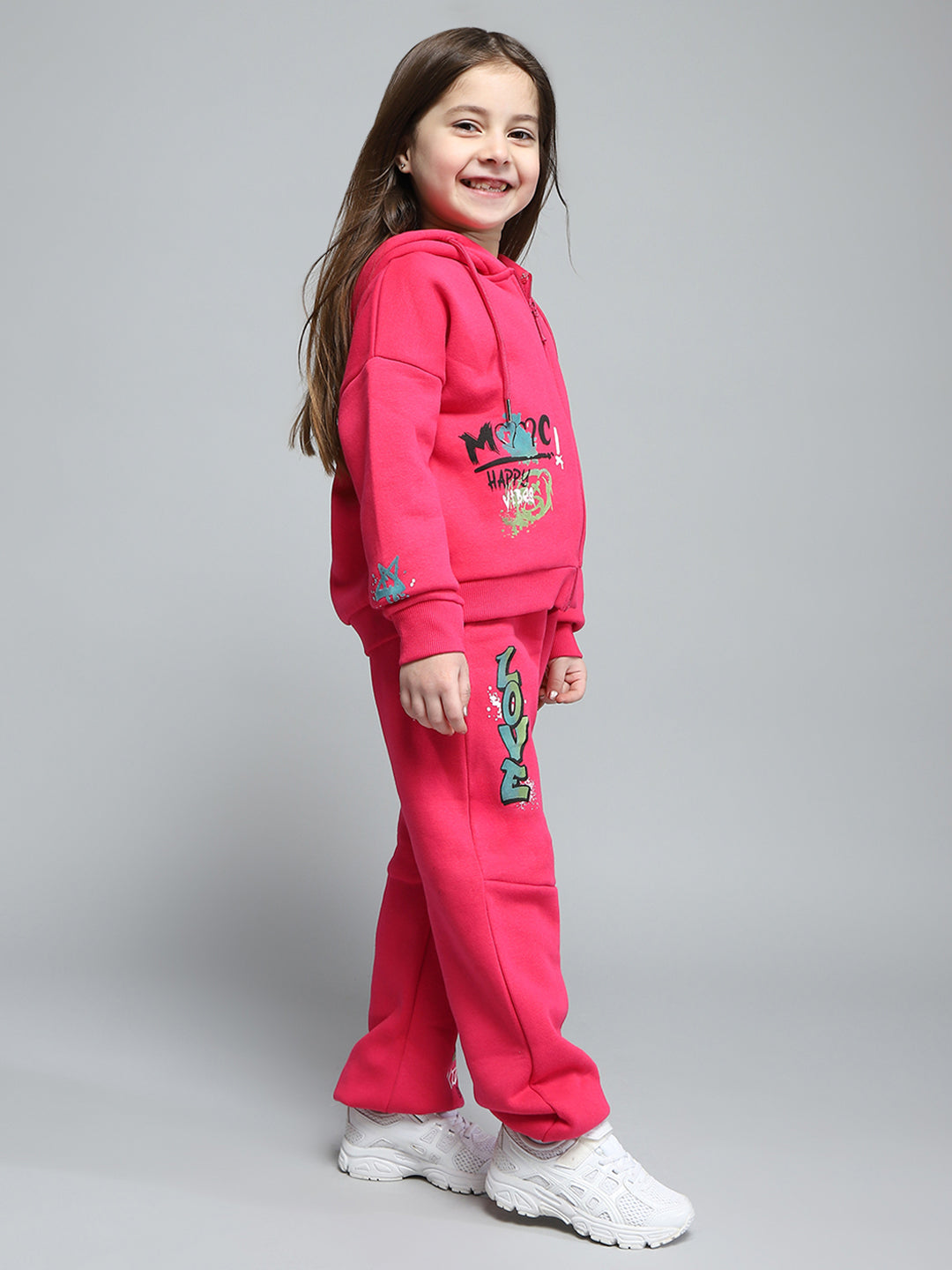 Girls Magenta Printed Hooded Full Sleeve Tracksuit