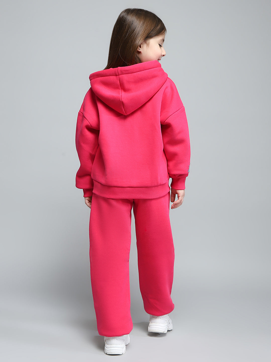 Girls Magenta Printed Hooded Full Sleeve Tracksuit