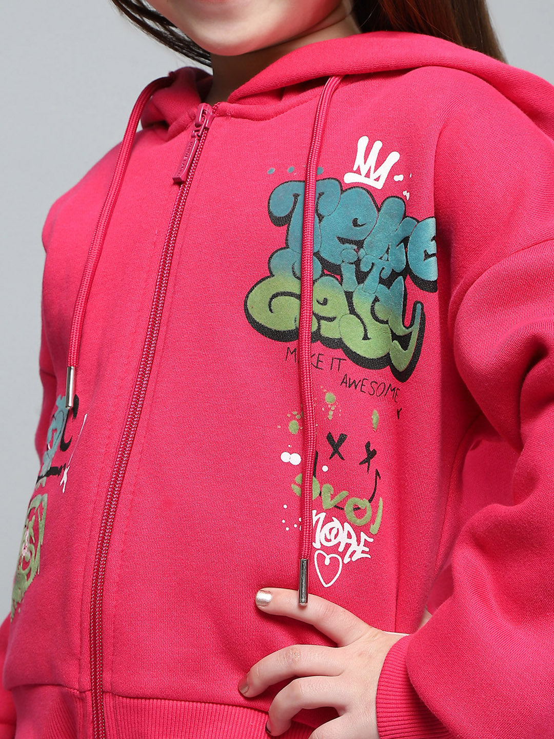Girls Magenta Printed Hooded Full Sleeve Tracksuit