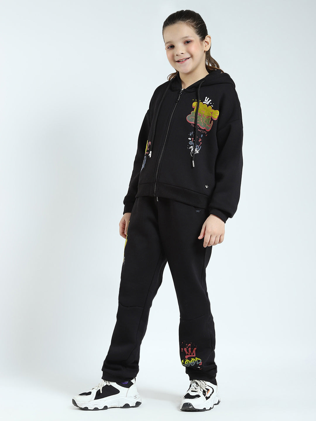 Girls Black Printed Hooded Full Sleeve Tracksuit
