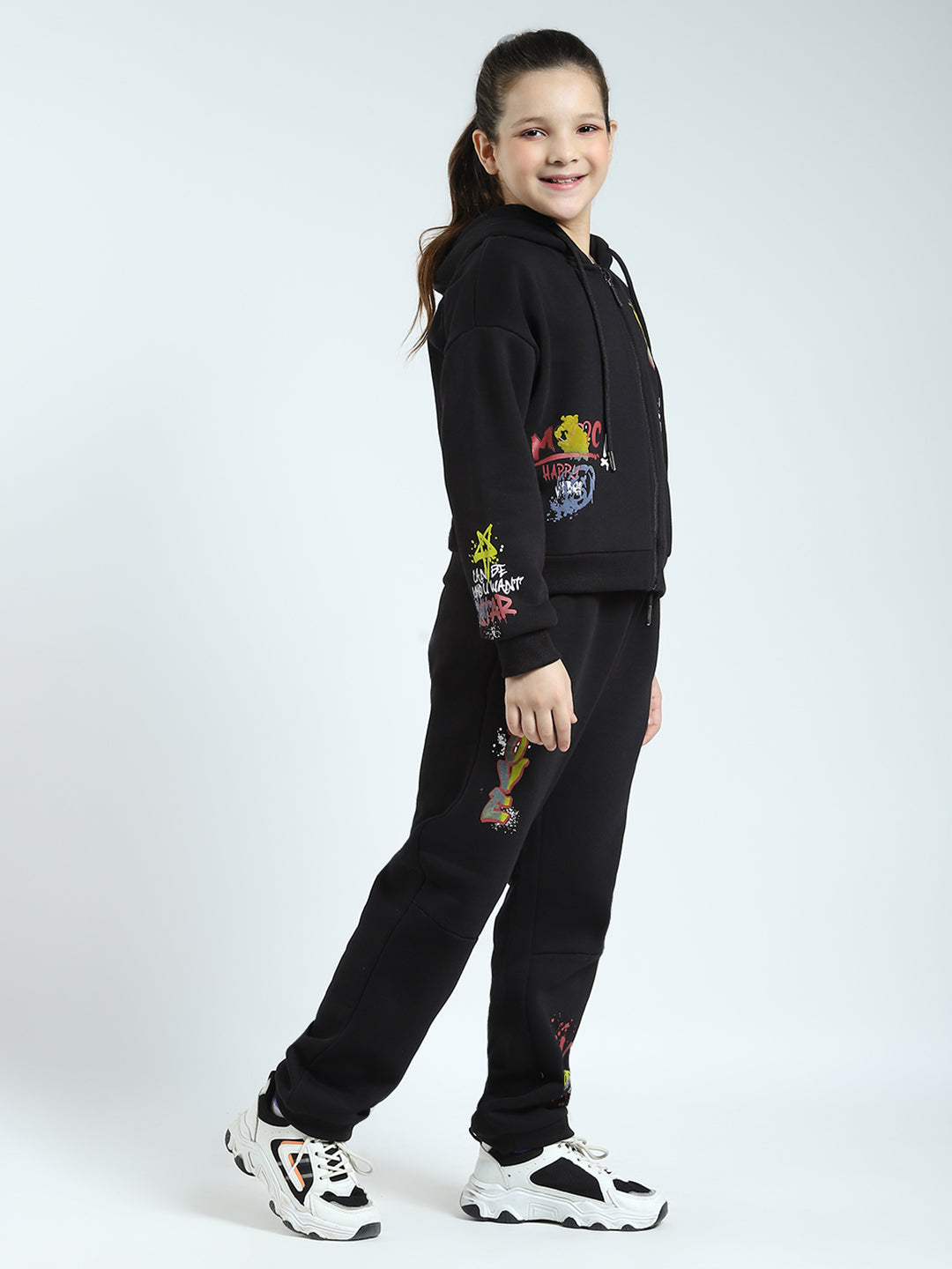 Girls Black Printed Hooded Full Sleeve Tracksuit