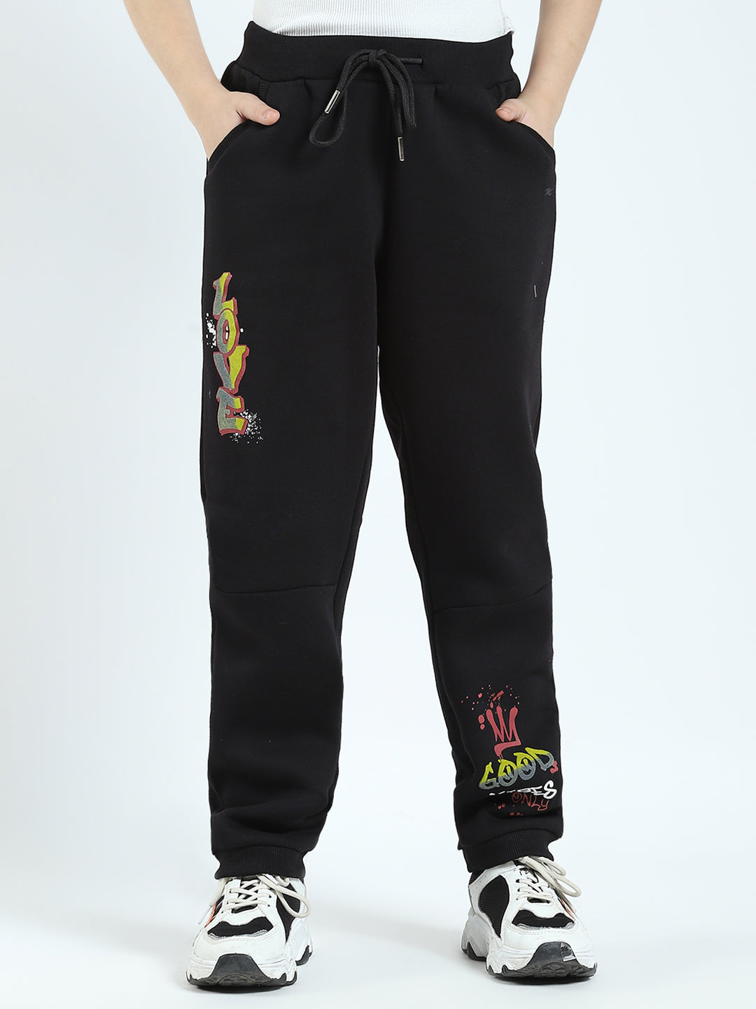 Girls Black Printed Hooded Full Sleeve Tracksuit