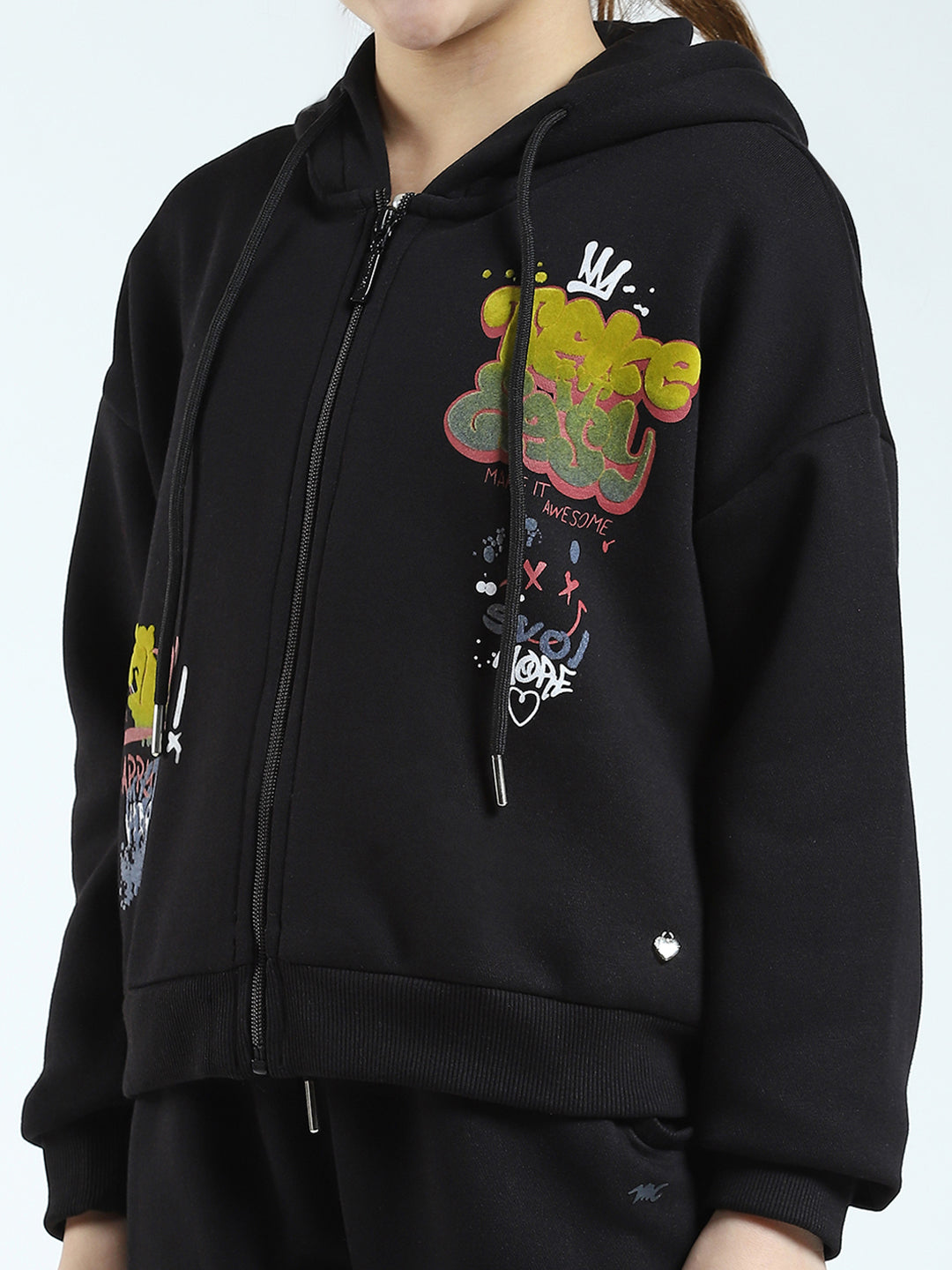 Girls Black Printed Hooded Full Sleeve Tracksuit