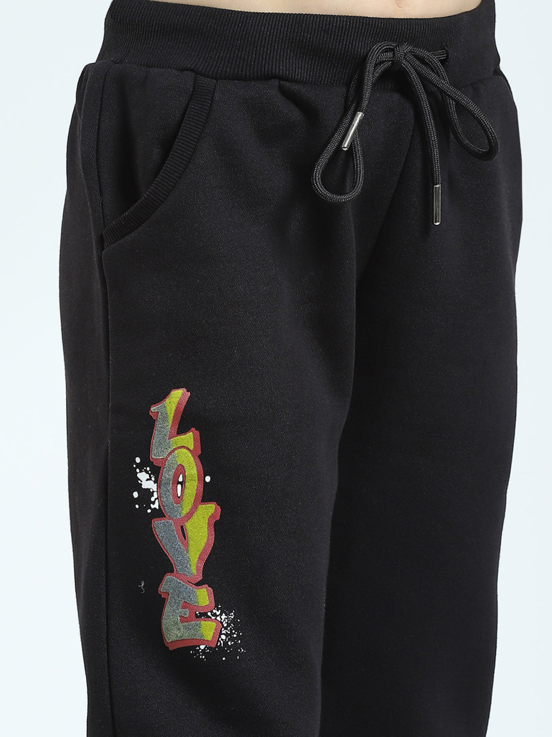 Girls Black Printed Hooded Full Sleeve Tracksuit