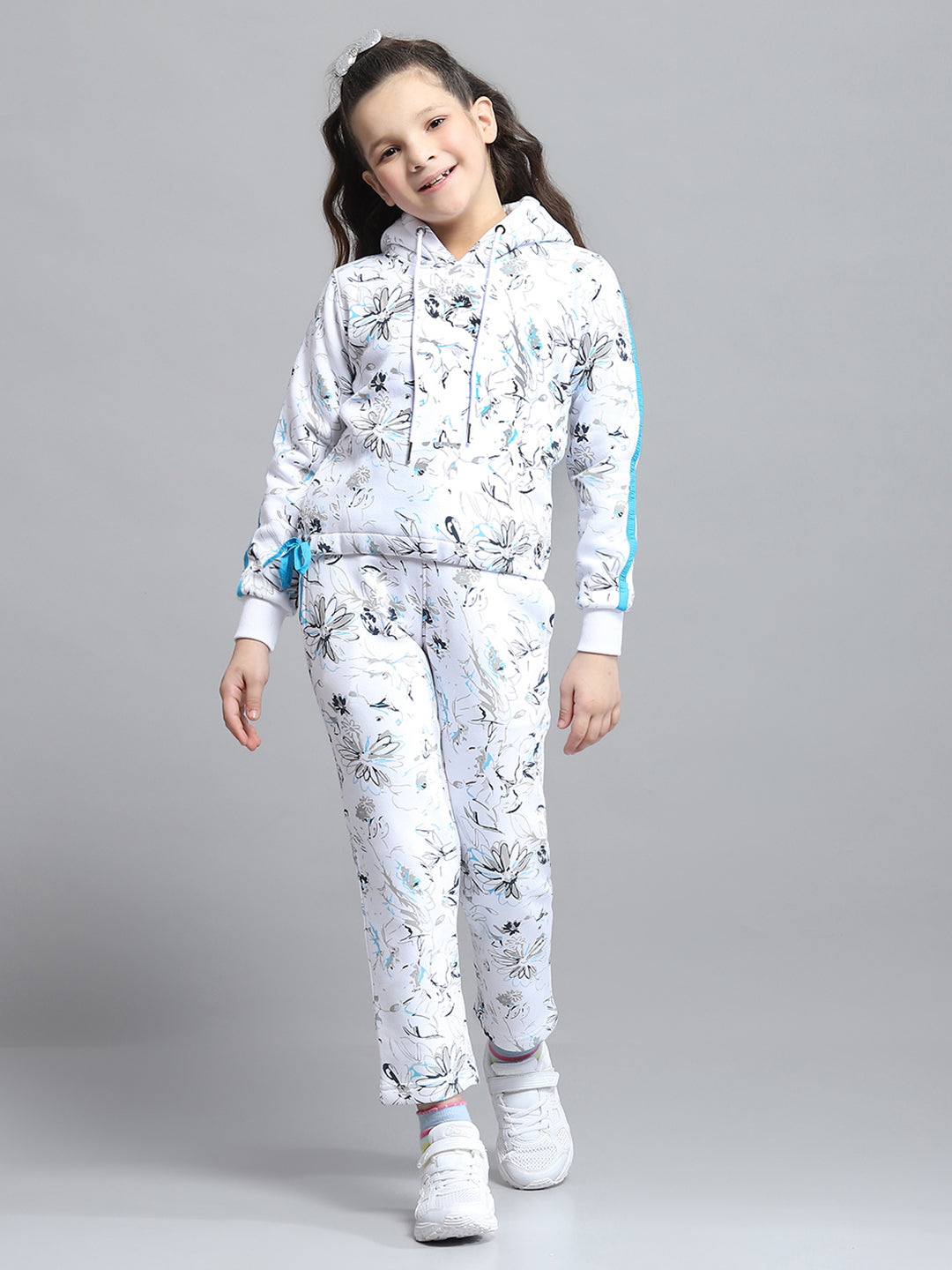 Girls Off White Printed Hooded Full Sleeve Tracksuit