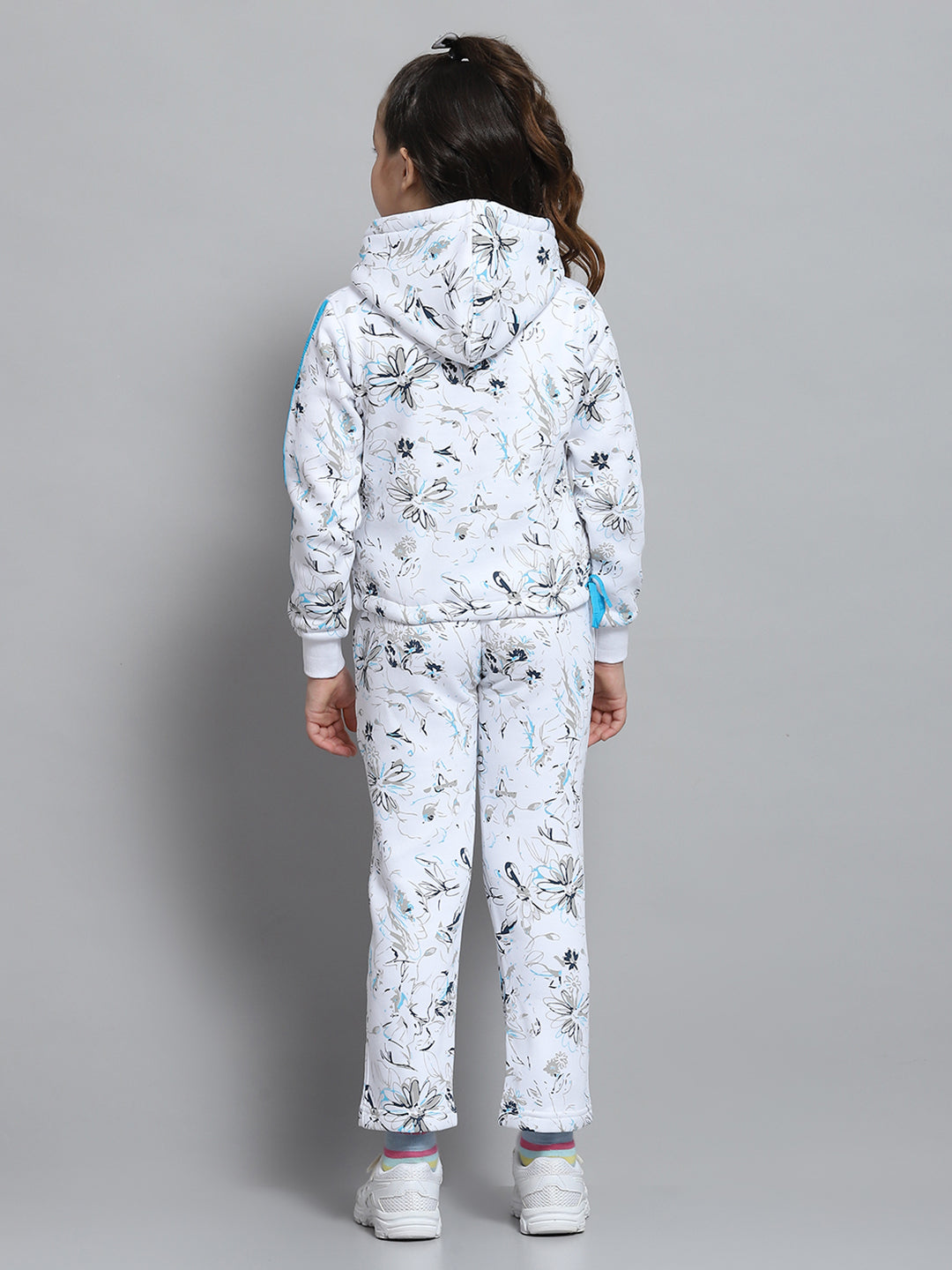 Girls Off White Printed Hooded Full Sleeve Tracksuit