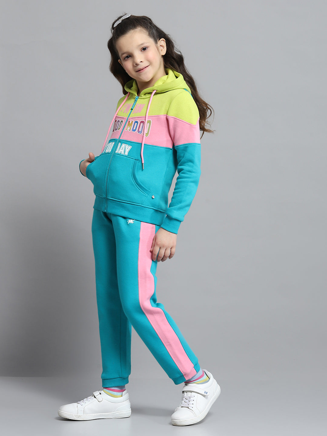 Girls Teal Blue Printed Hooded Full Sleeve Tracksuit