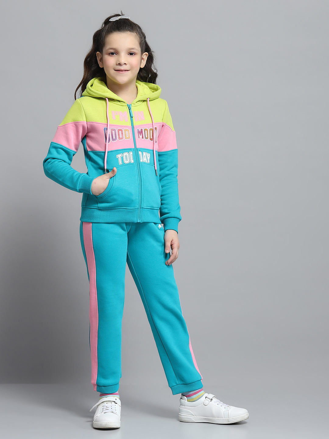 Girls Teal Blue Printed Hooded Full Sleeve Tracksuit