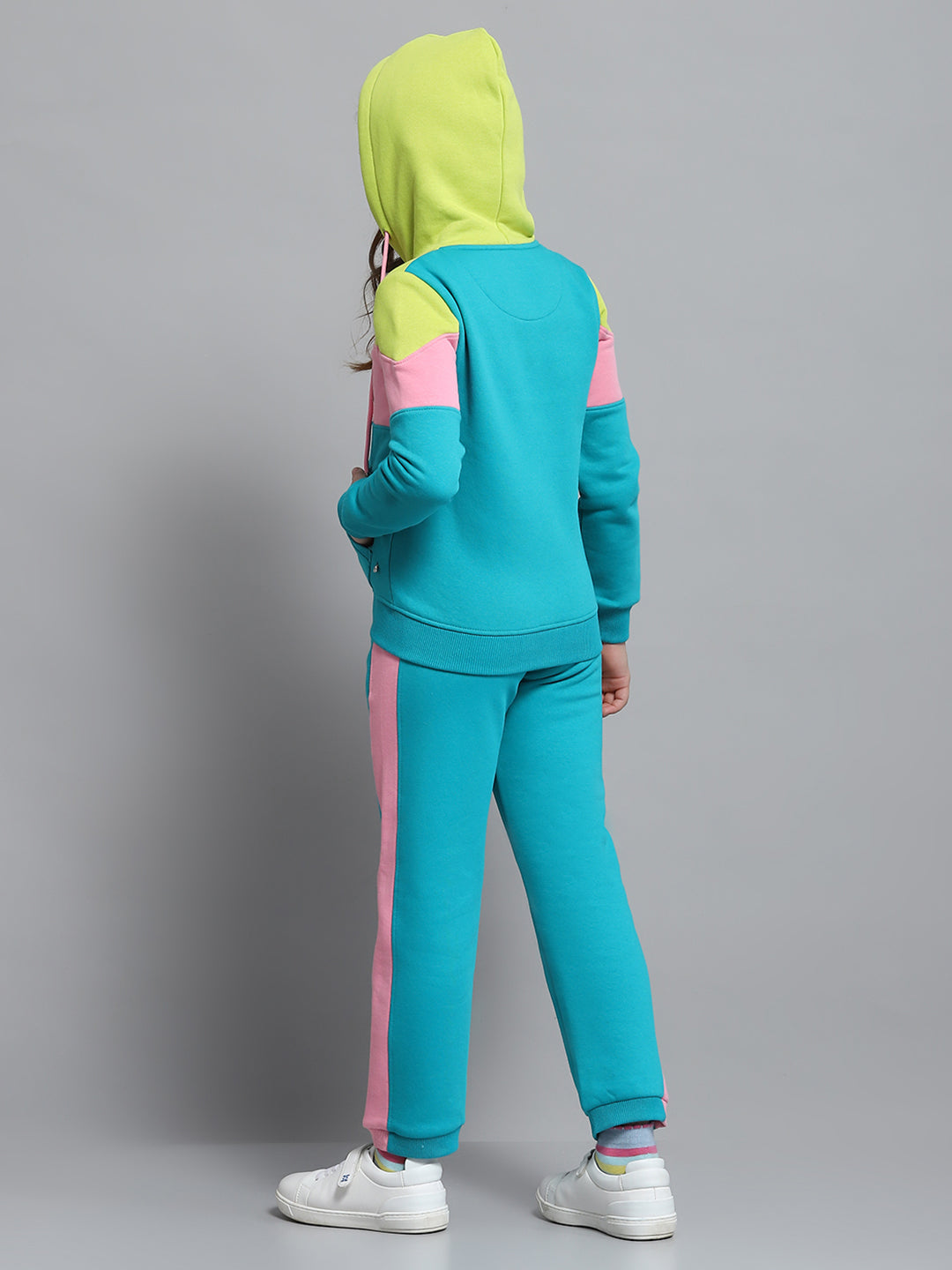 Girls Teal Blue Printed Hooded Full Sleeve Tracksuit