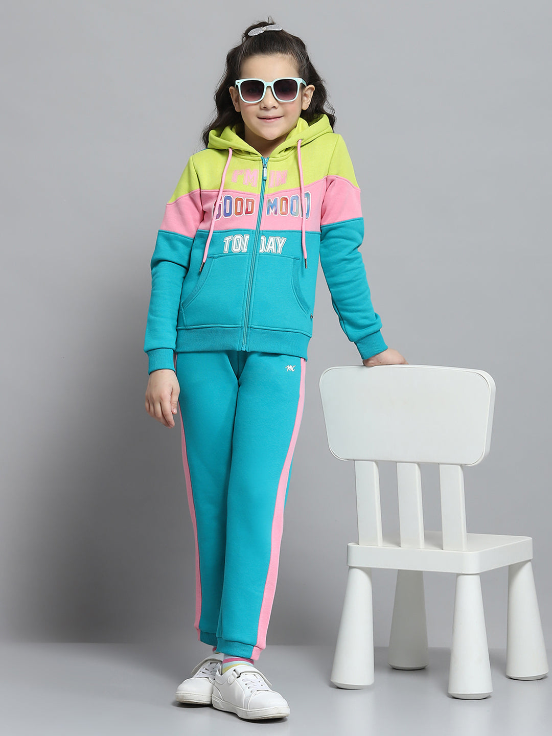 Girls Teal Blue Printed Hooded Full Sleeve Tracksuit