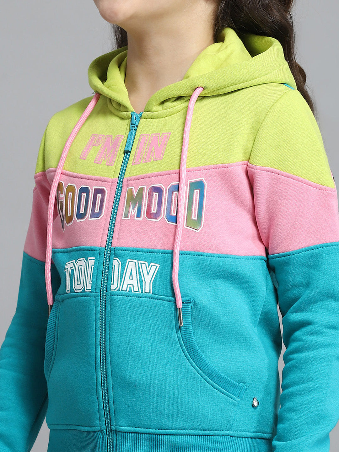 Girls Teal Blue Printed Hooded Full Sleeve Tracksuit