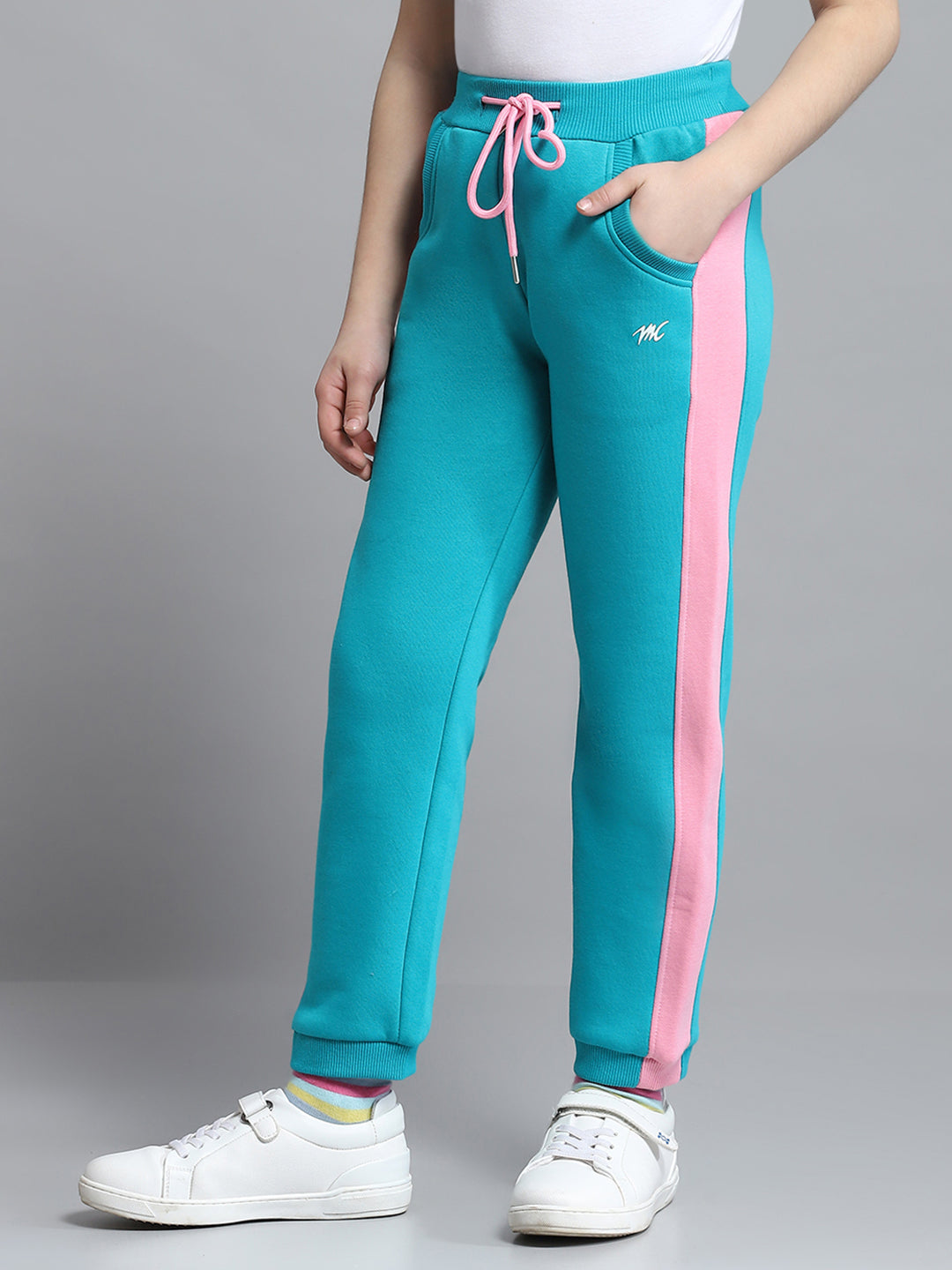 Girls Teal Blue Printed Hooded Full Sleeve Tracksuit