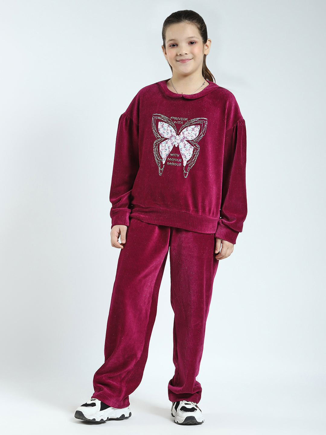 Girls Maroon Self Design Round Neck Full Sleeve Cords Set