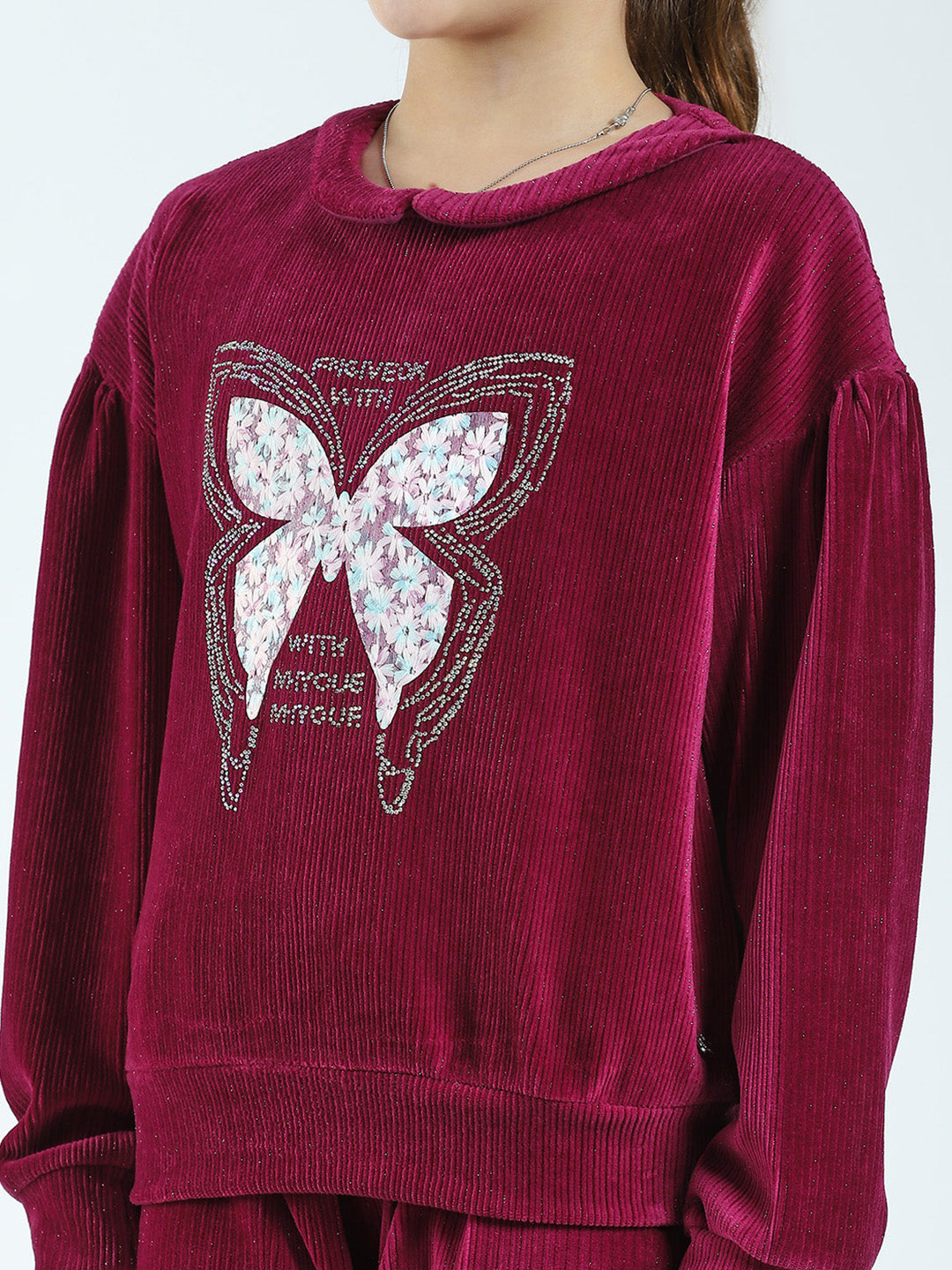 Girls Maroon Self Design Round Neck Full Sleeve Cords Set