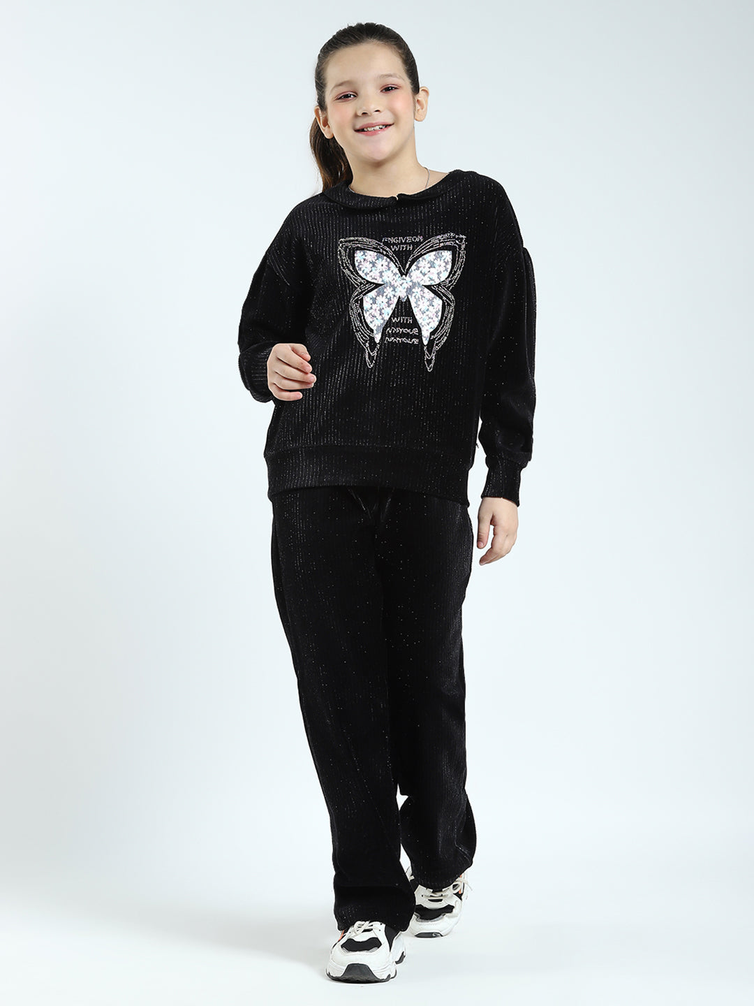 Girls Black Self Design Round Neck Full Sleeve Cords Set