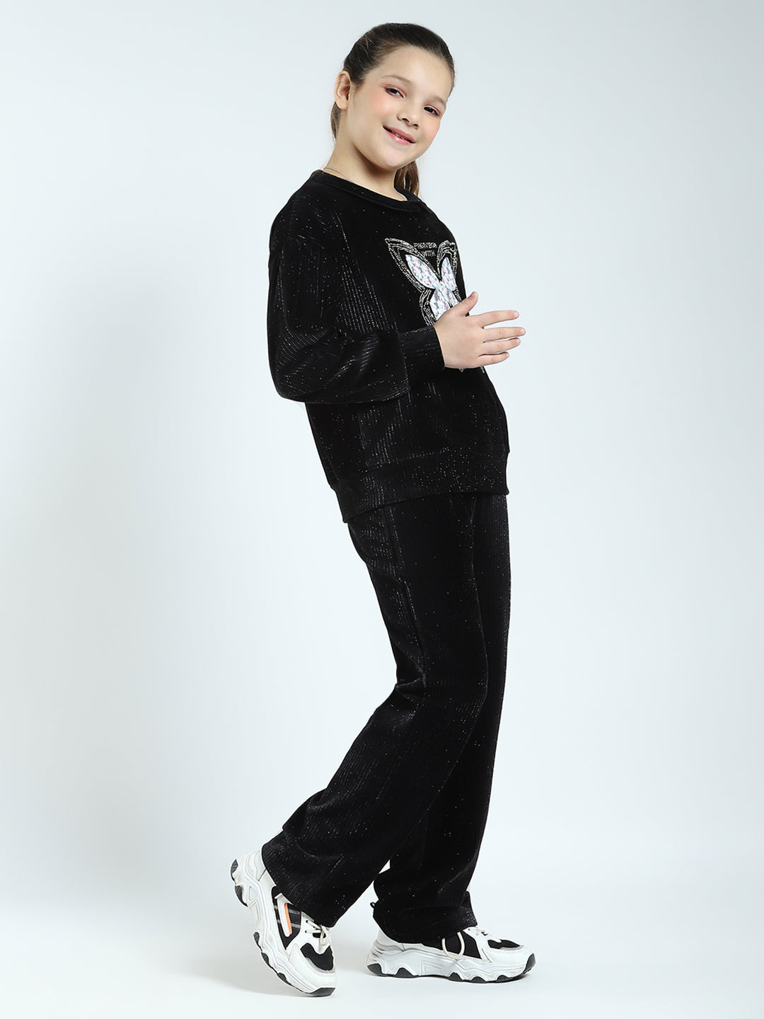 Girls Black Self Design Round Neck Full Sleeve Cords Set