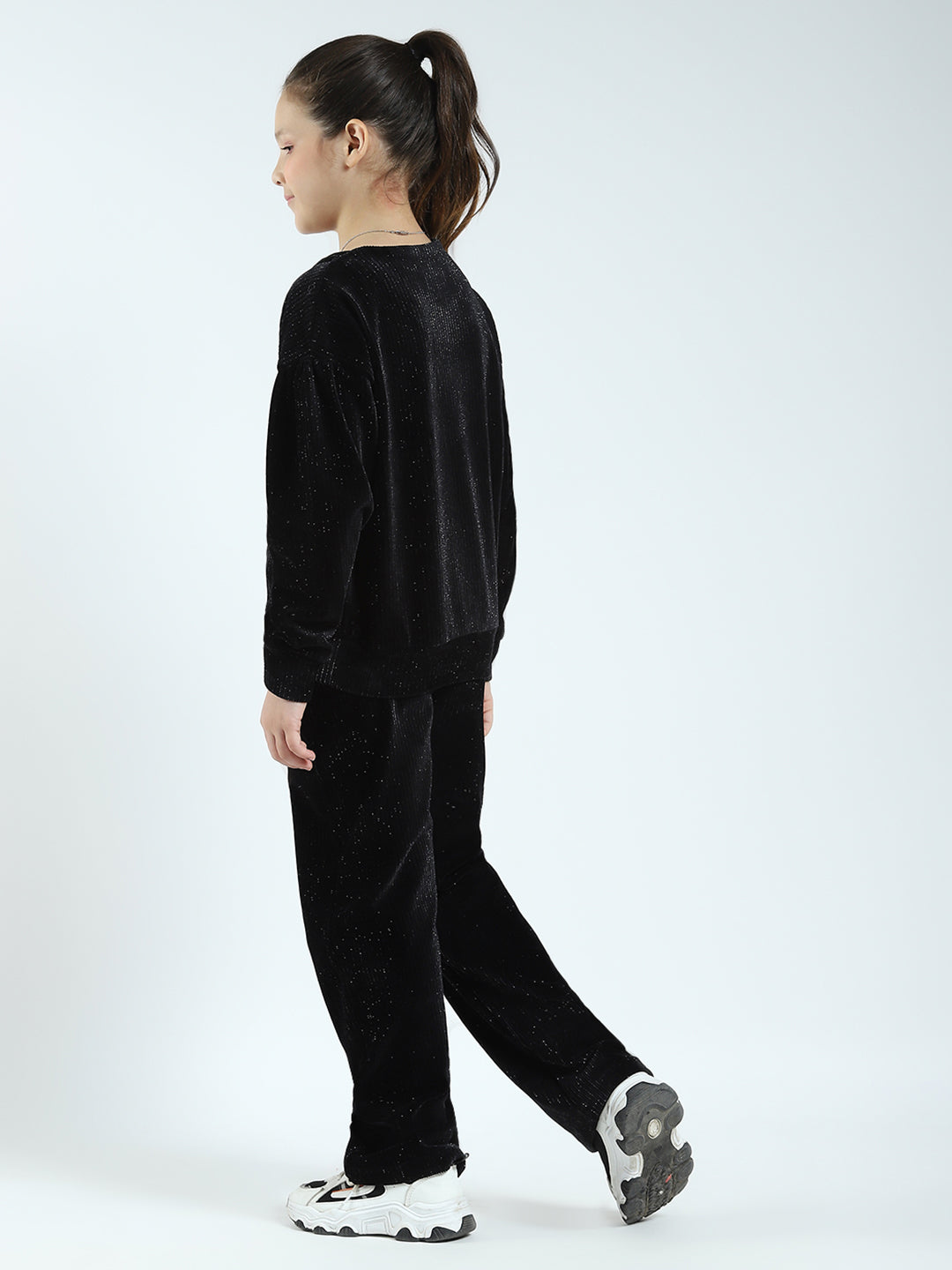 Girls Black Self Design Round Neck Full Sleeve Cords Set