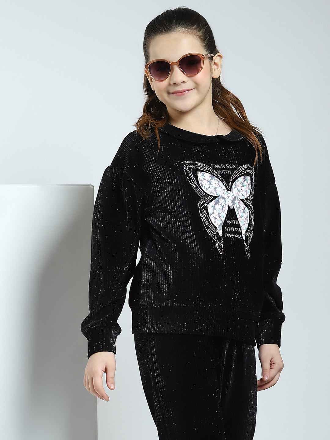 Girls Black Self Design Round Neck Full Sleeve Cords Set
