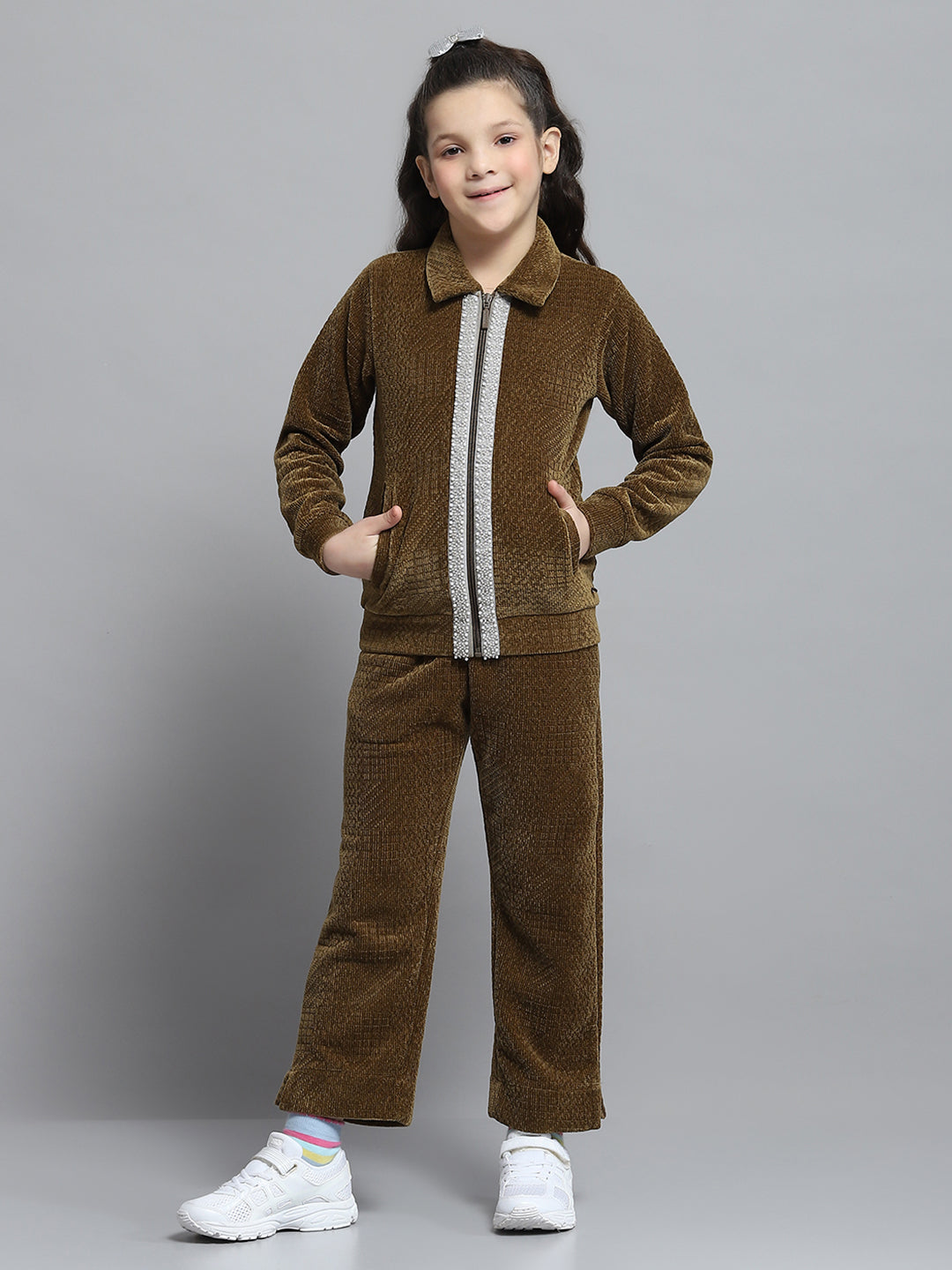 Girls Brown Self Design Collar Full Sleeve Cords Set