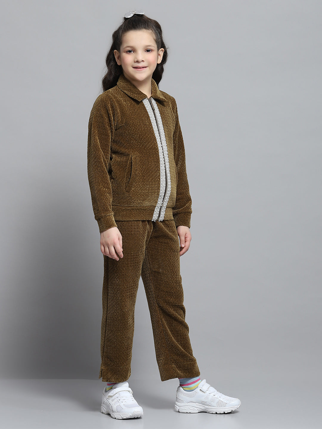 Girls Brown Self Design Collar Full Sleeve Cords Set