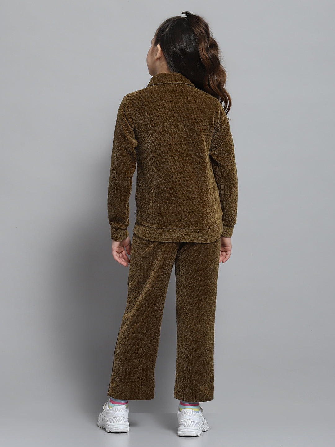 Girls Brown Self Design Collar Full Sleeve Cords Set