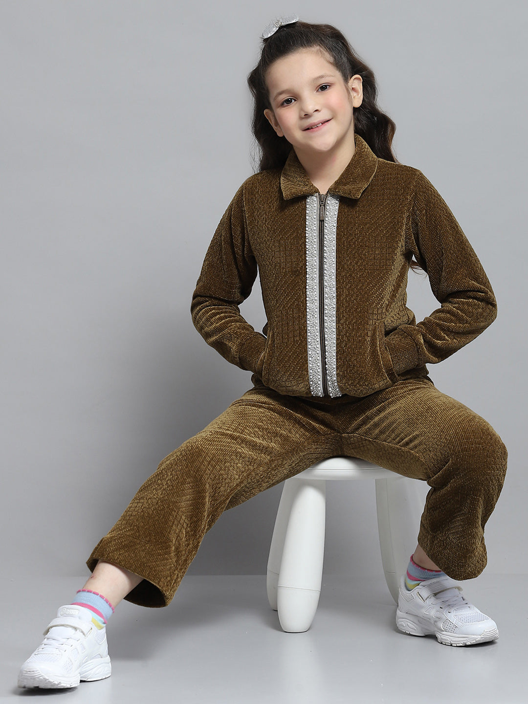 Girls Brown Self Design Collar Full Sleeve Cords Set