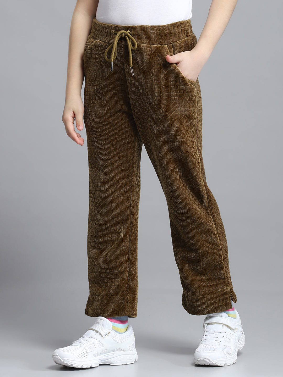 Girls Brown Self Design Collar Full Sleeve Cords Set