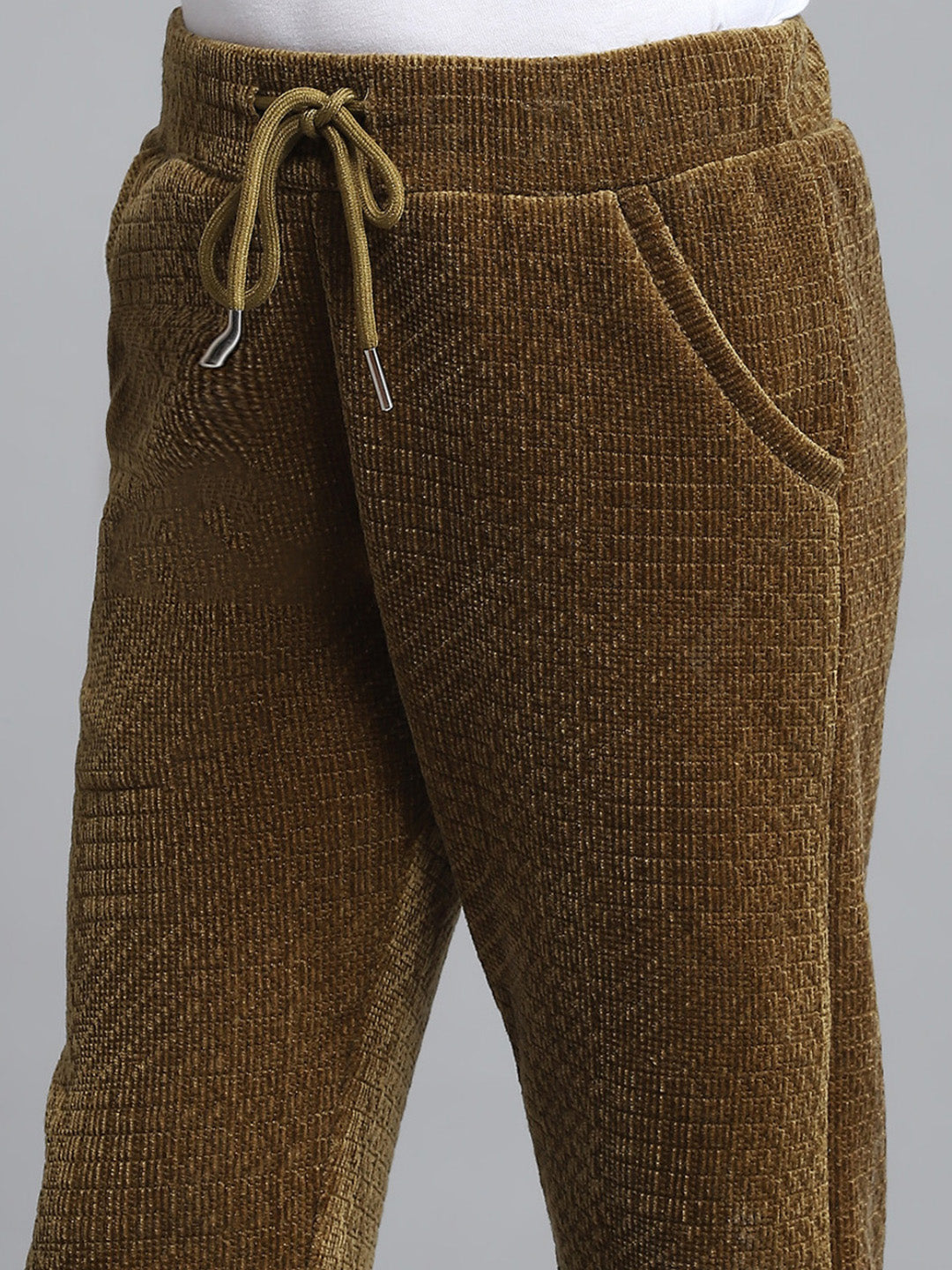 Girls Brown Self Design Collar Full Sleeve Cords Set