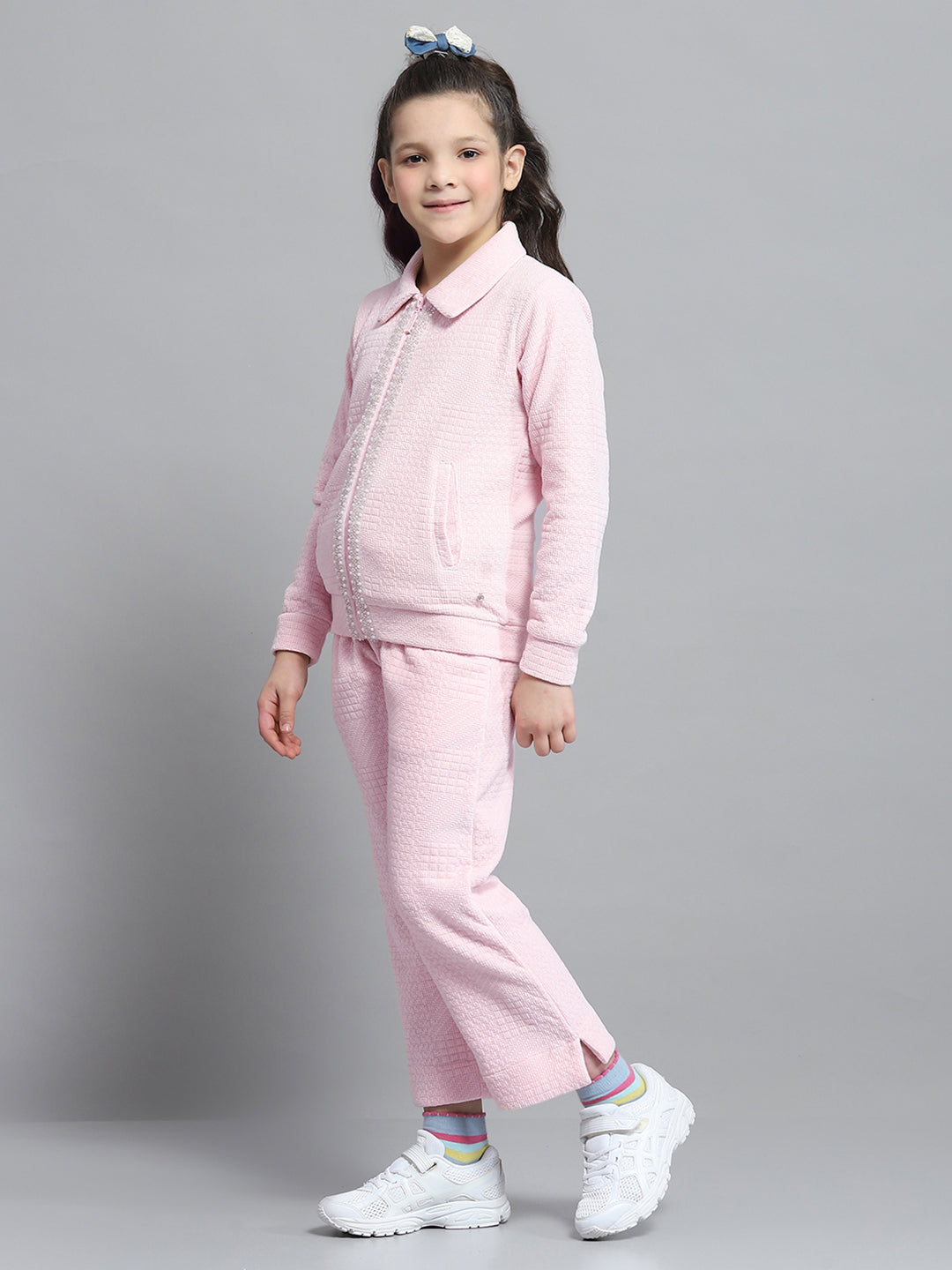 Girls Pink Self Design Collar Full Sleeve Cords Set
