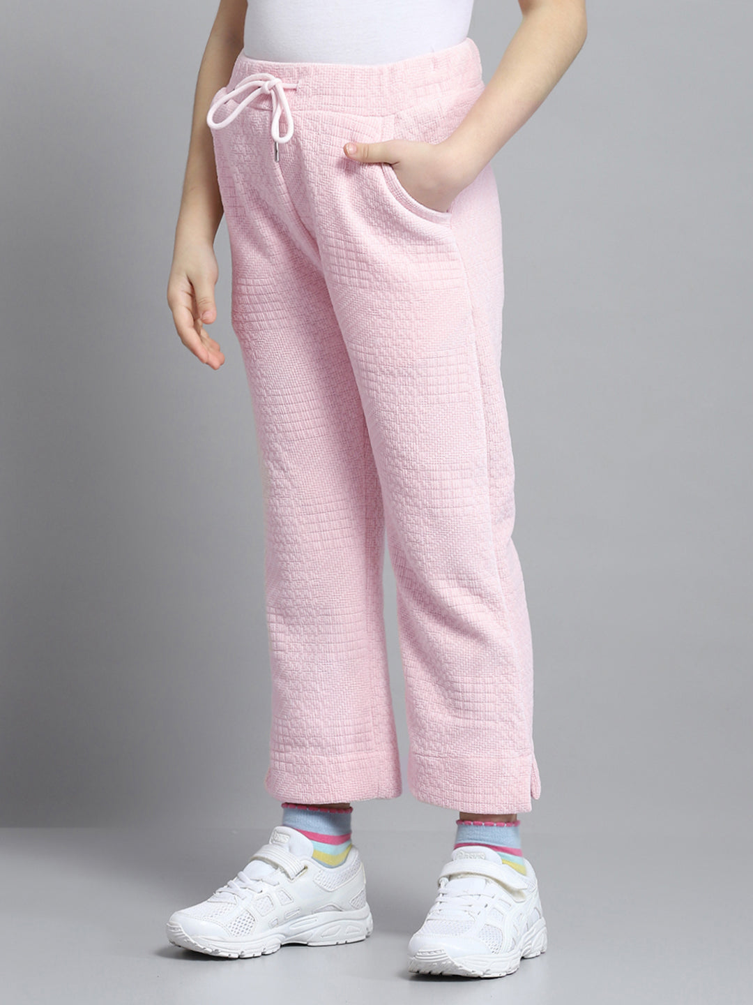 Girls Pink Self Design Collar Full Sleeve Cords Set