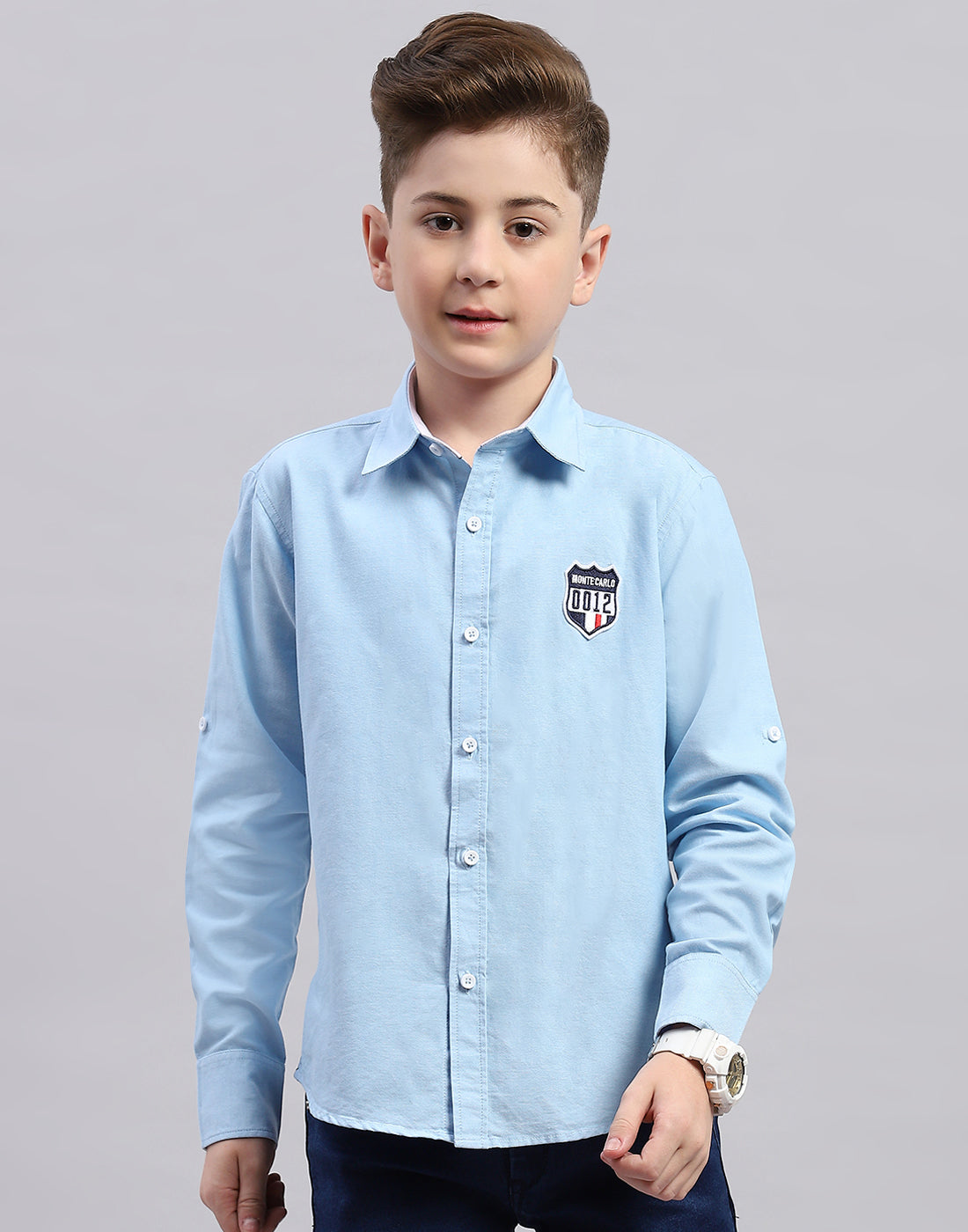 Boys Blue Solid Collar Full Sleeve Shirt