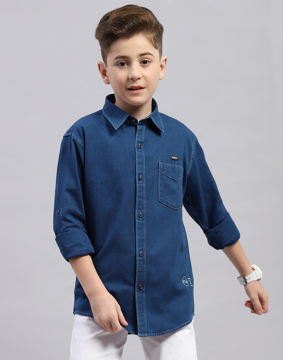 Boys Blue Solid Collar Full Sleeve Shirt