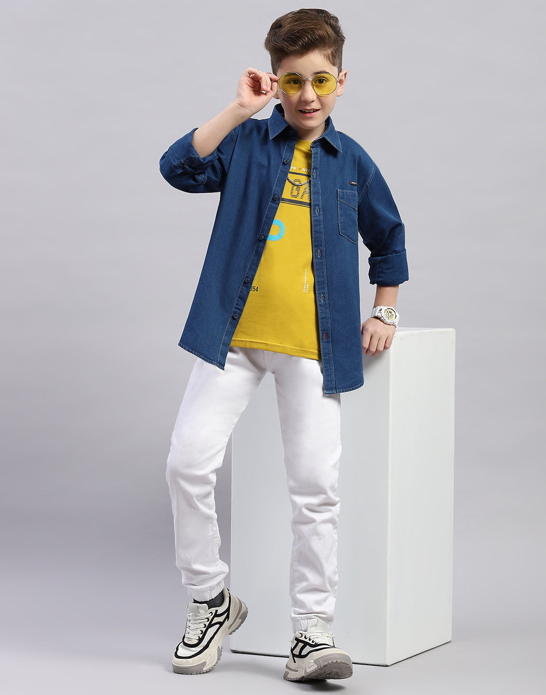 Boys Blue Solid Collar Full Sleeve Shirt