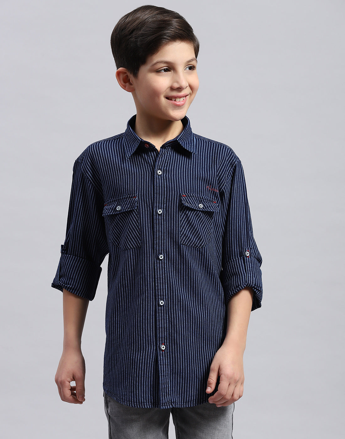 Boys Navy Blue Stripe Collar Full Sleeve Shirt