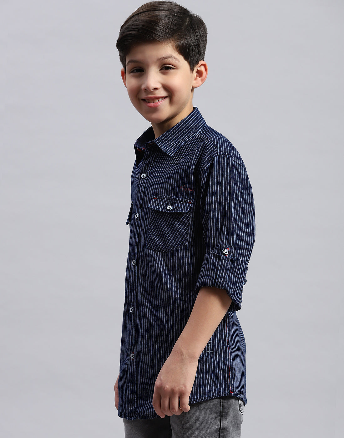 Boys Navy Blue Stripe Collar Full Sleeve Shirt