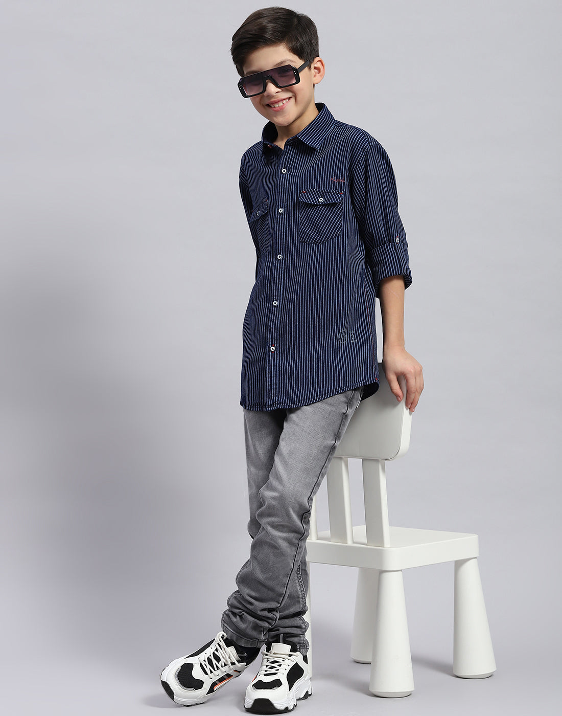 Boys Navy Blue Stripe Collar Full Sleeve Shirt