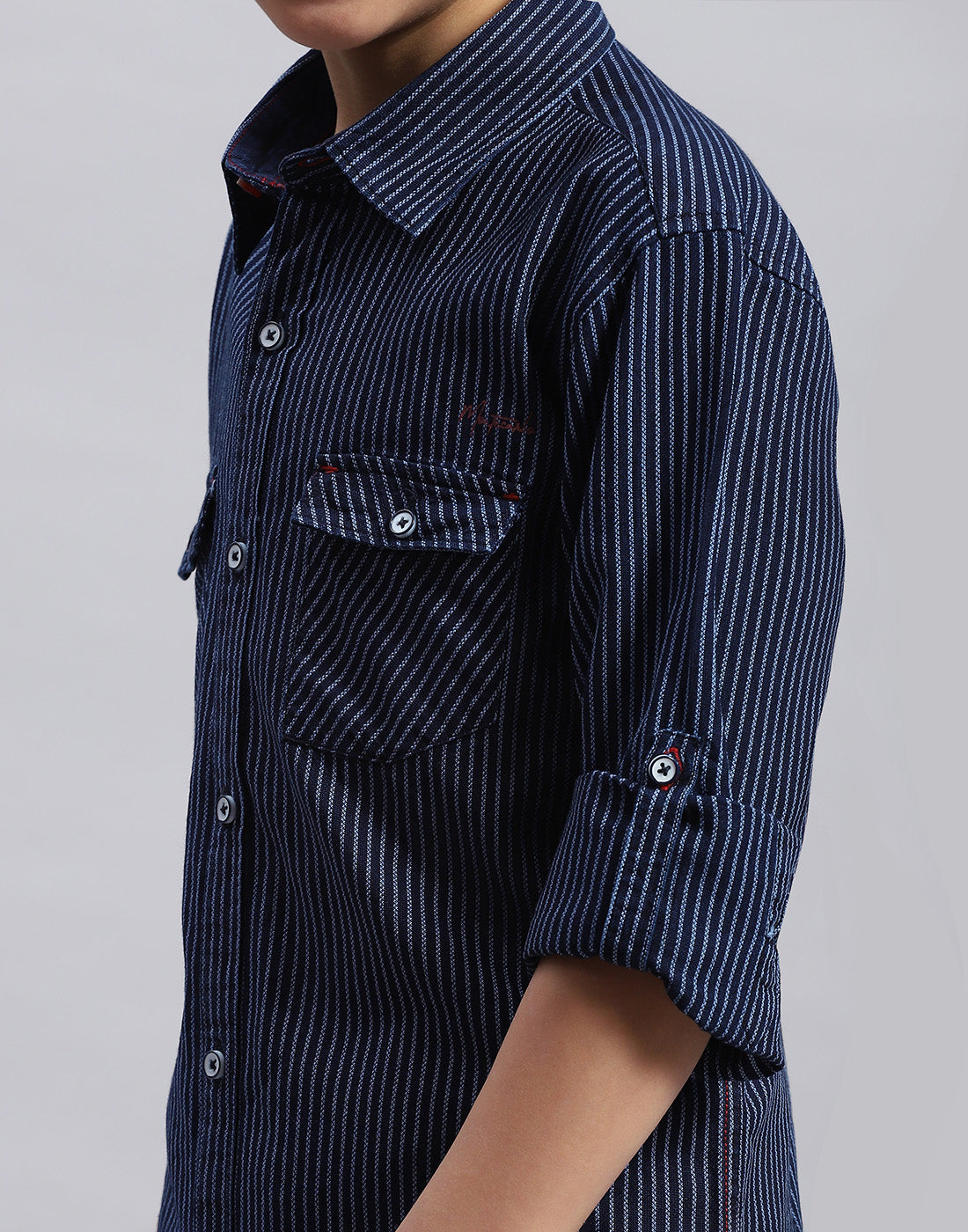 Boys Navy Blue Stripe Collar Full Sleeve Shirt