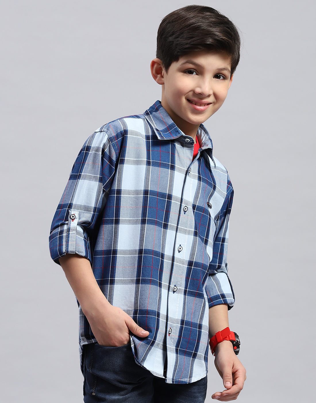 Boys Blue Check Collar Full Sleeve Shirt