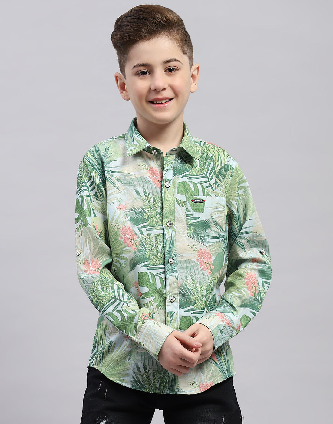 Boys Green Printed Collar Full Sleeve Shirt