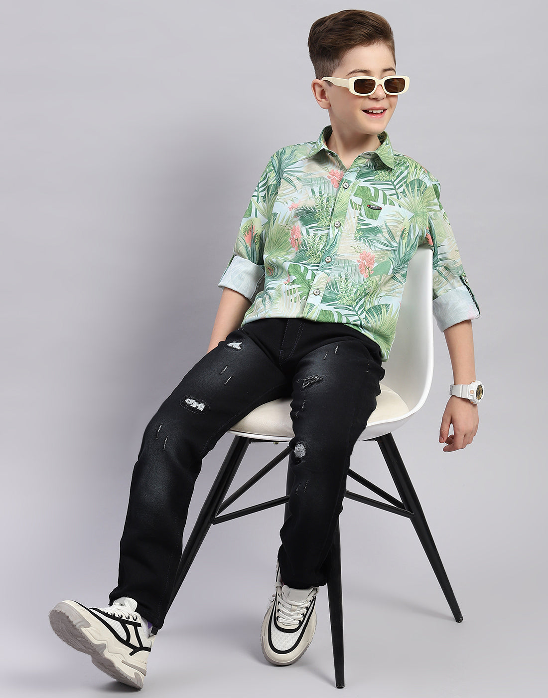 Boys Green Printed Collar Full Sleeve Shirt