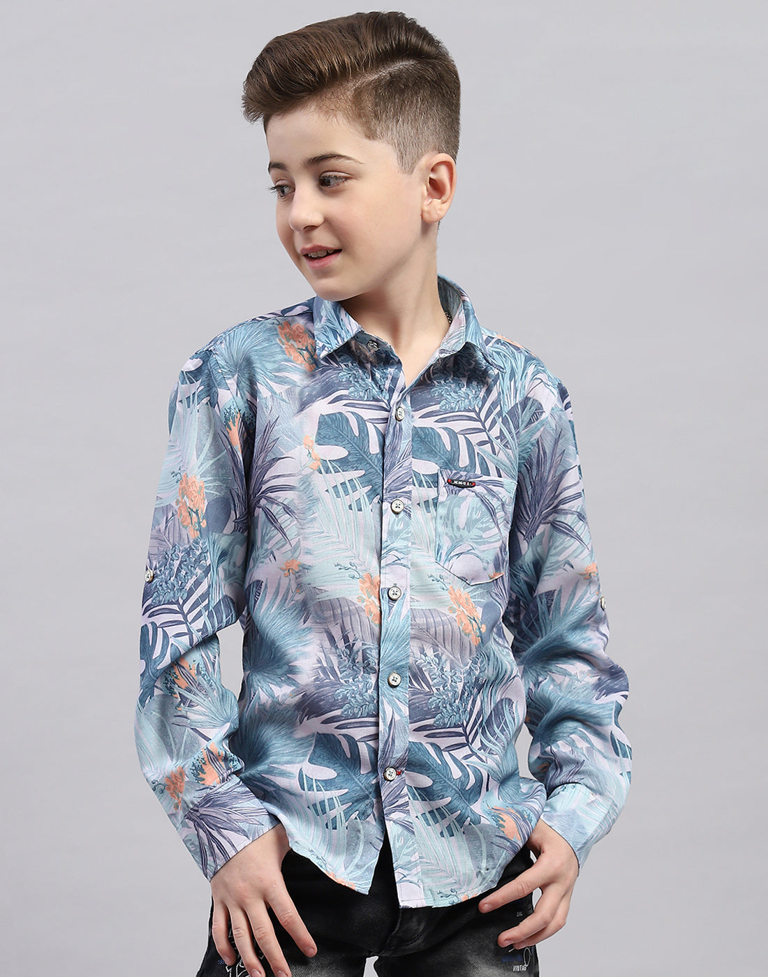 Boys Grey Printed Collar Full Sleeve Shirt