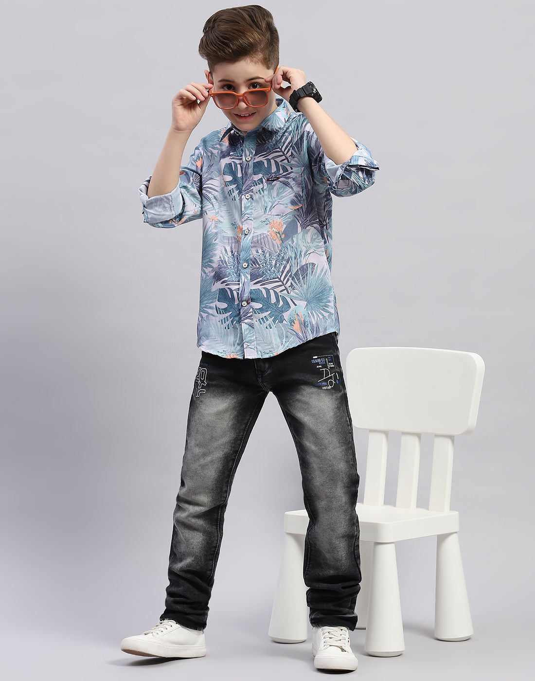 Boys Grey Printed Collar Full Sleeve Shirt