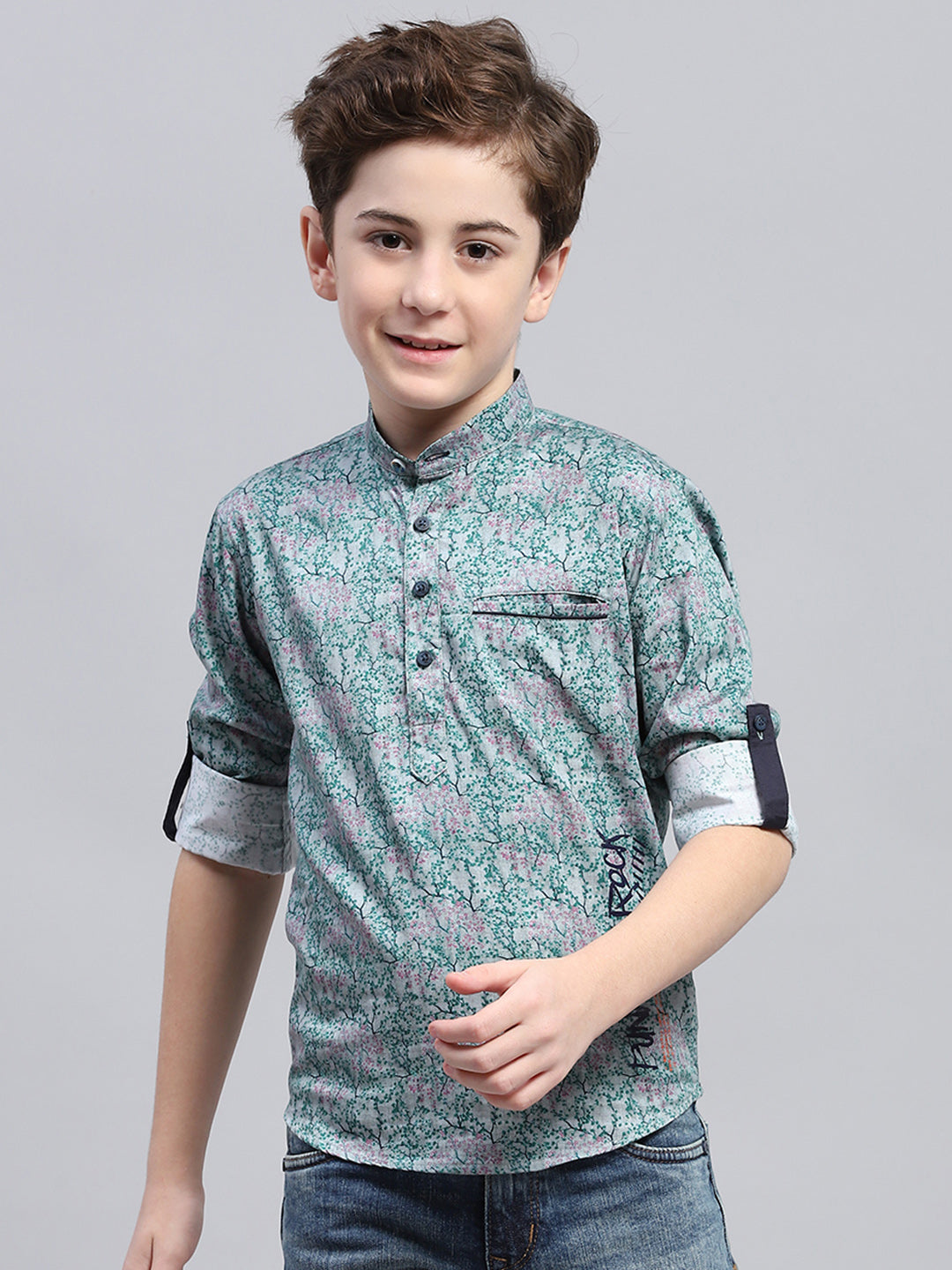 Boys Green Printed Band Collar Full Sleeve Shirt