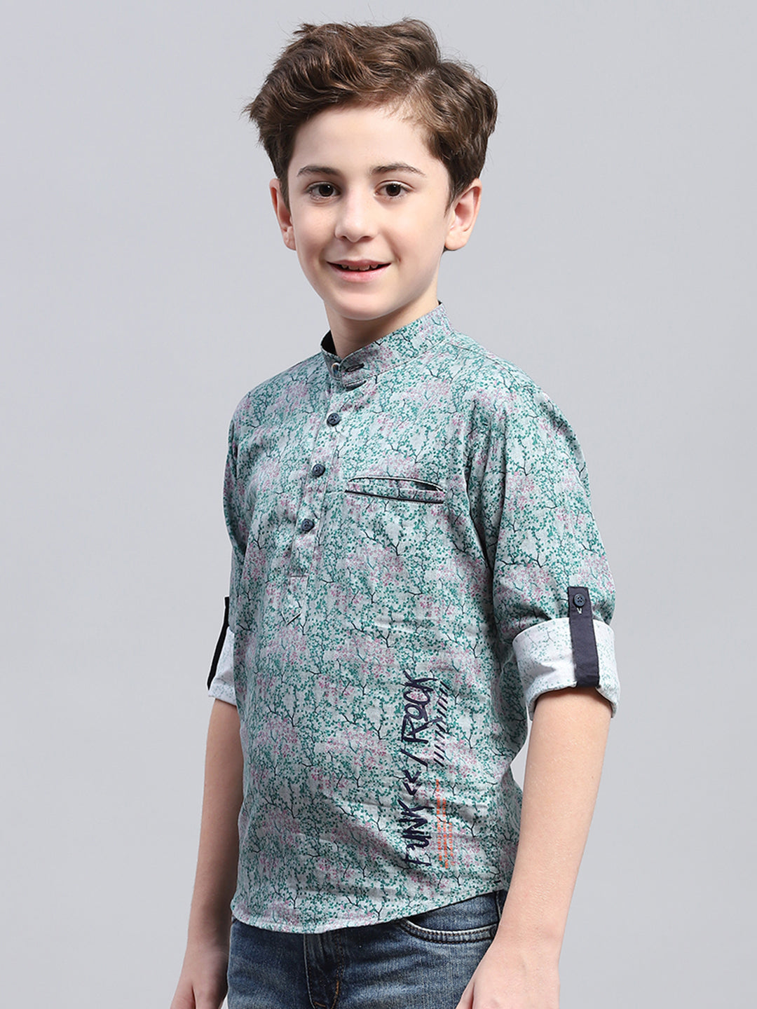 Boys Green Printed Band Collar Full Sleeve Shirt