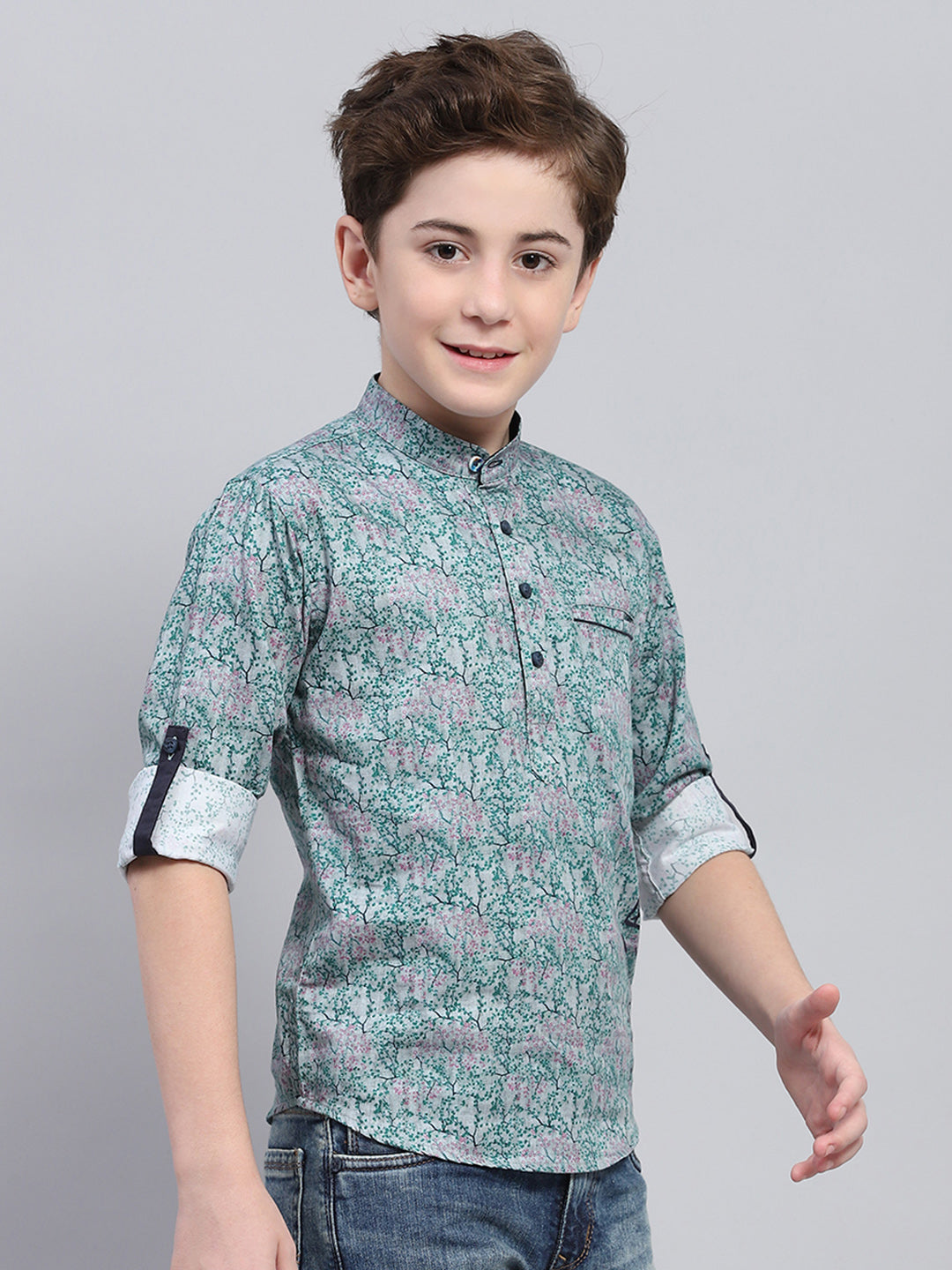 Boys Green Printed Band Collar Full Sleeve Shirt