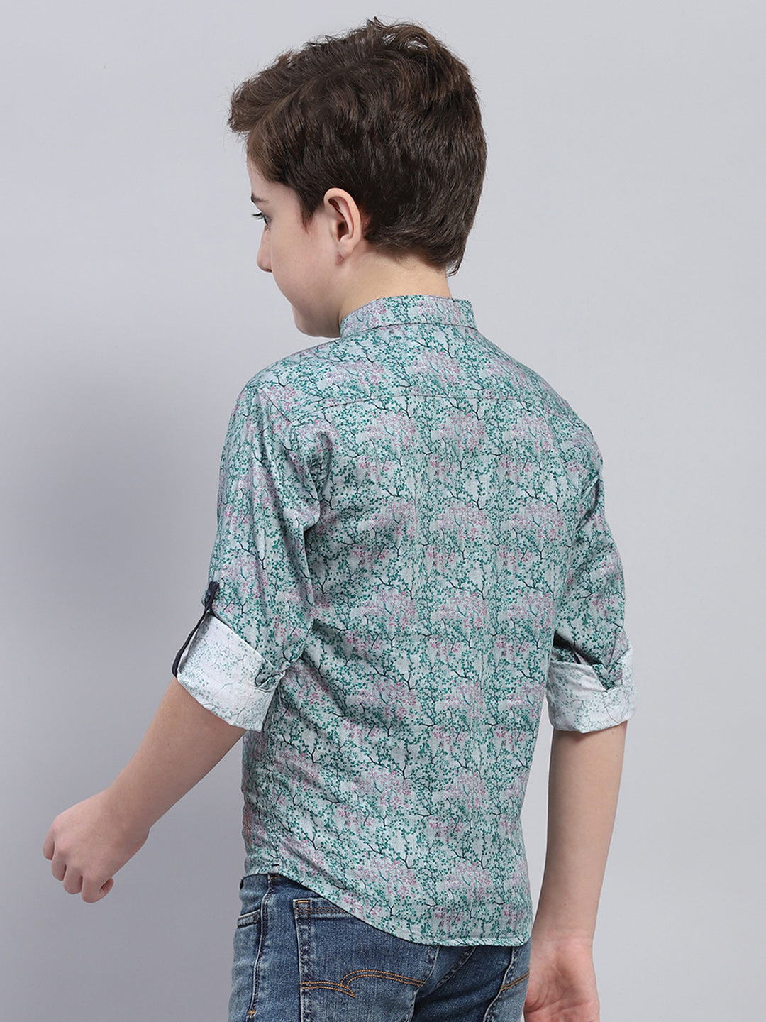 Boys Green Printed Band Collar Full Sleeve Shirt
